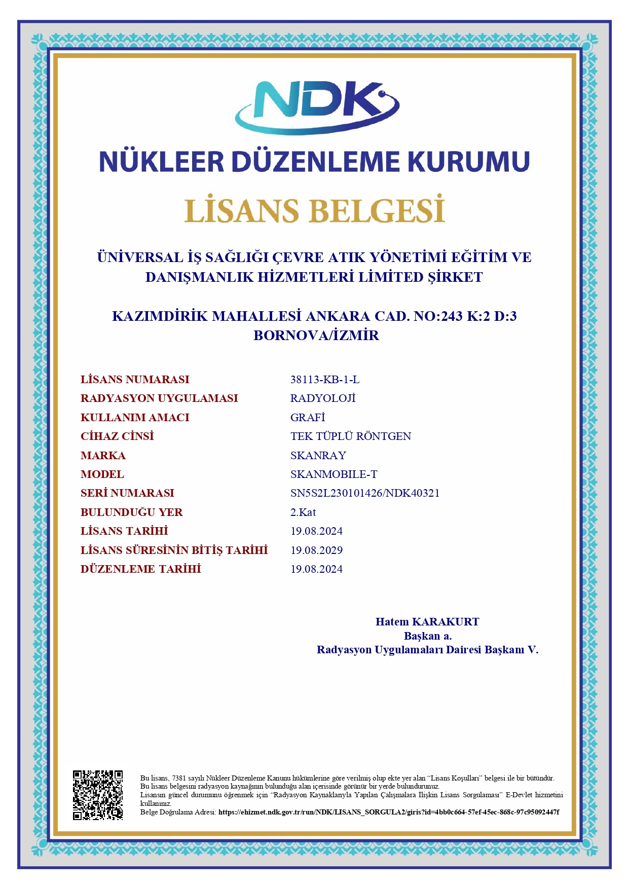 Nükleer Düzenleme Kurulu Lisans Belgesi